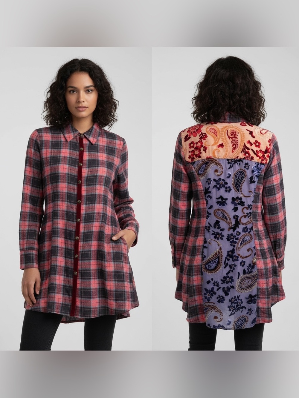 Soft Surroundings Pink and Gray Plaid Button-Front Tunic with Paisley Back